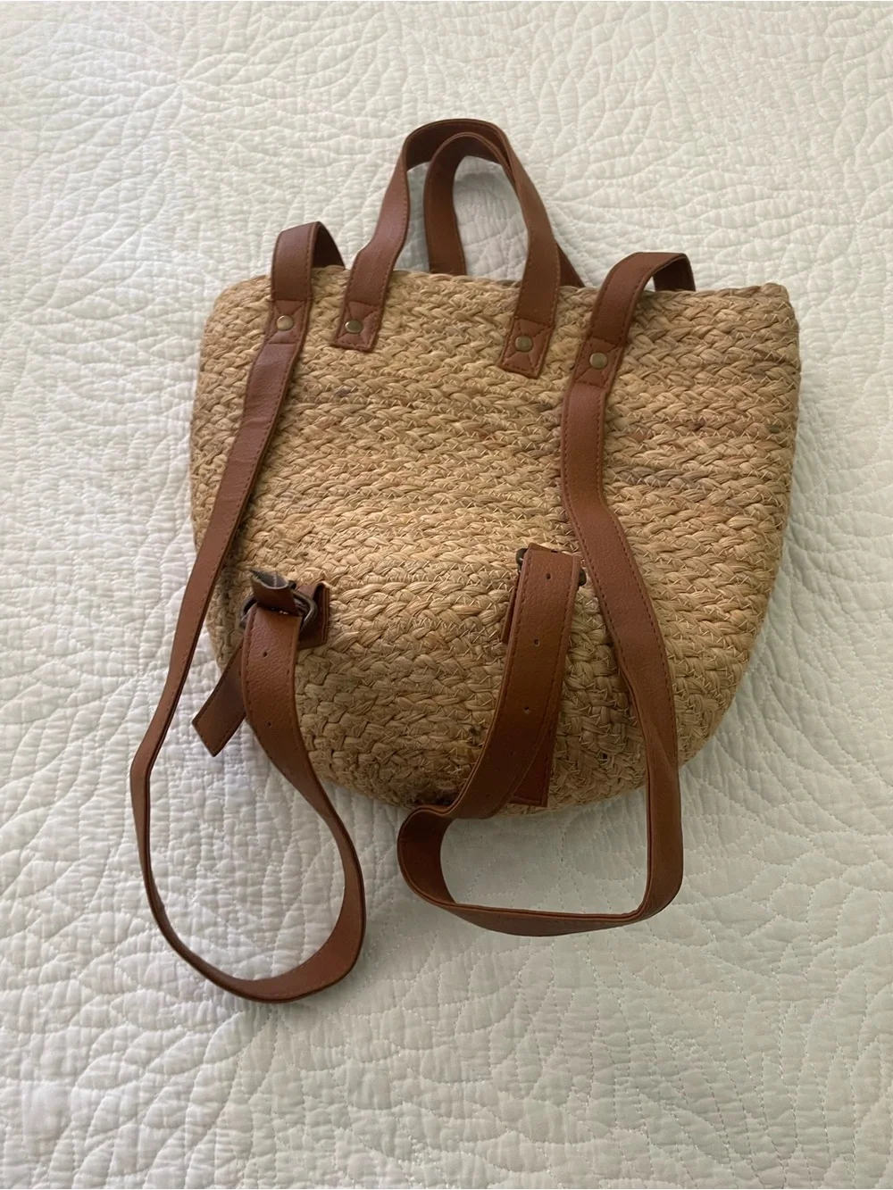 Anthropologie XIX-palms Straw insulated Backpack with Brown Leather Straps - Picture 2 of 7